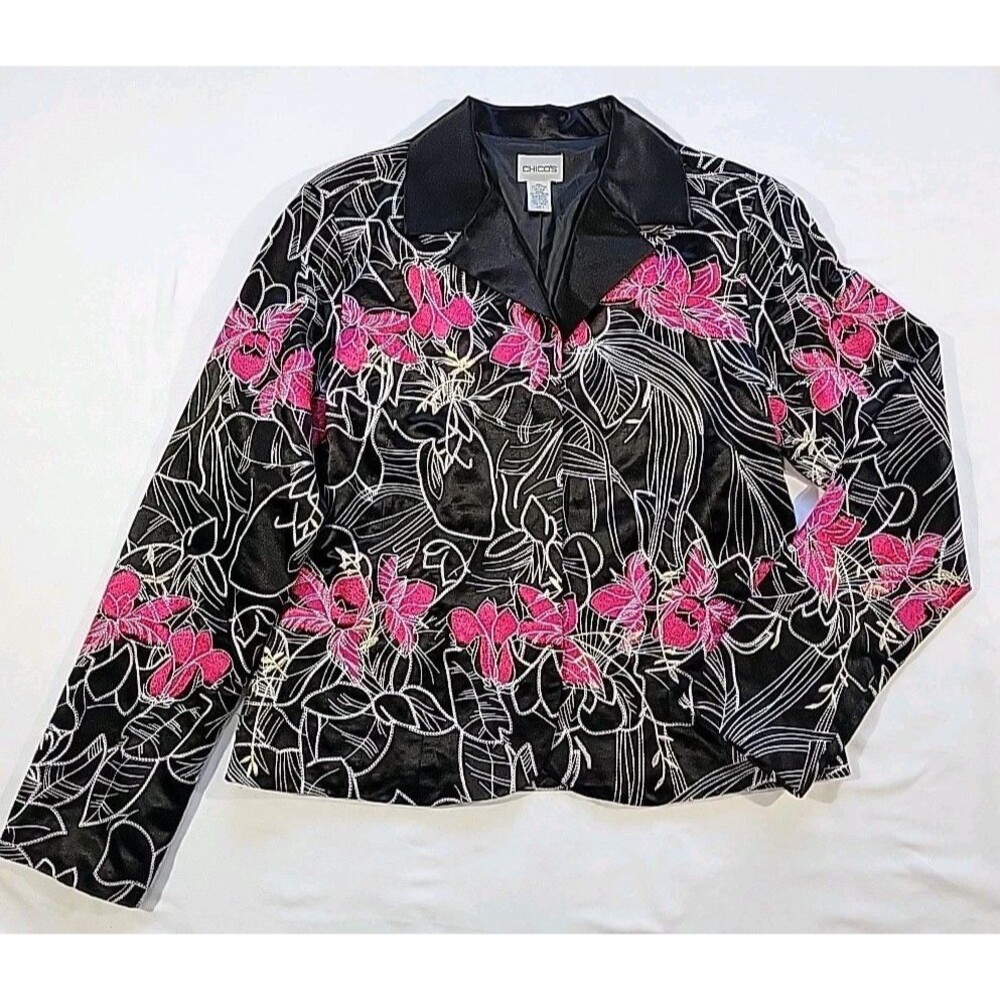 Chico's Silk Blend Jacket Pink Floral Embroidered Cropped Chico’s Size 1 US Med